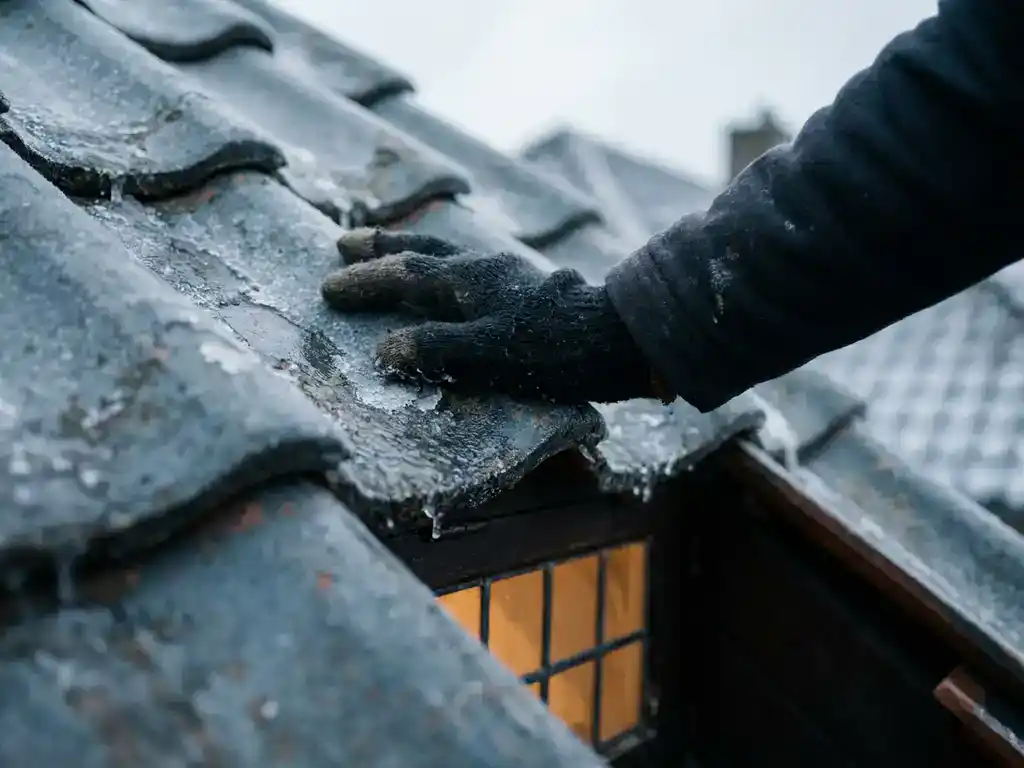 Gehandschoende hand op bevroren dakpannen van een Nederlands woonhuis, met warm licht vanuit dakraamvenster op winterse dag.