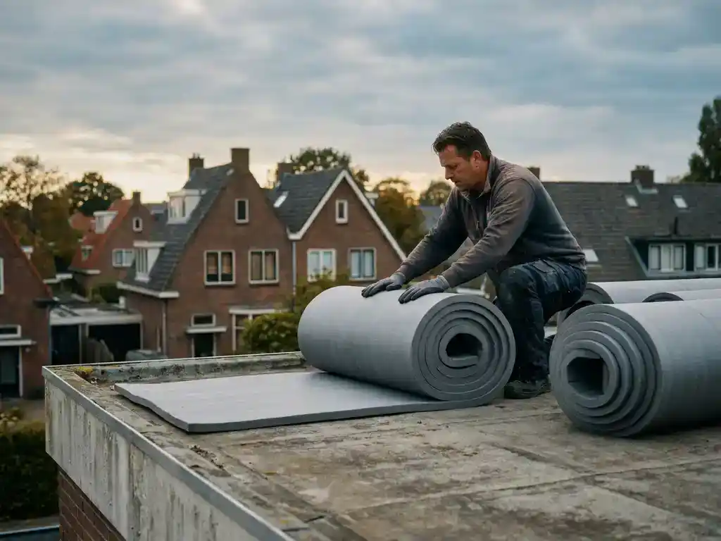 Dakdekker rolt isolatiemateriaal uit op een plat betonnen dak, met gestapelde rollen isolatieschuim en een Nederlandse woonwijk op de achtergrond.