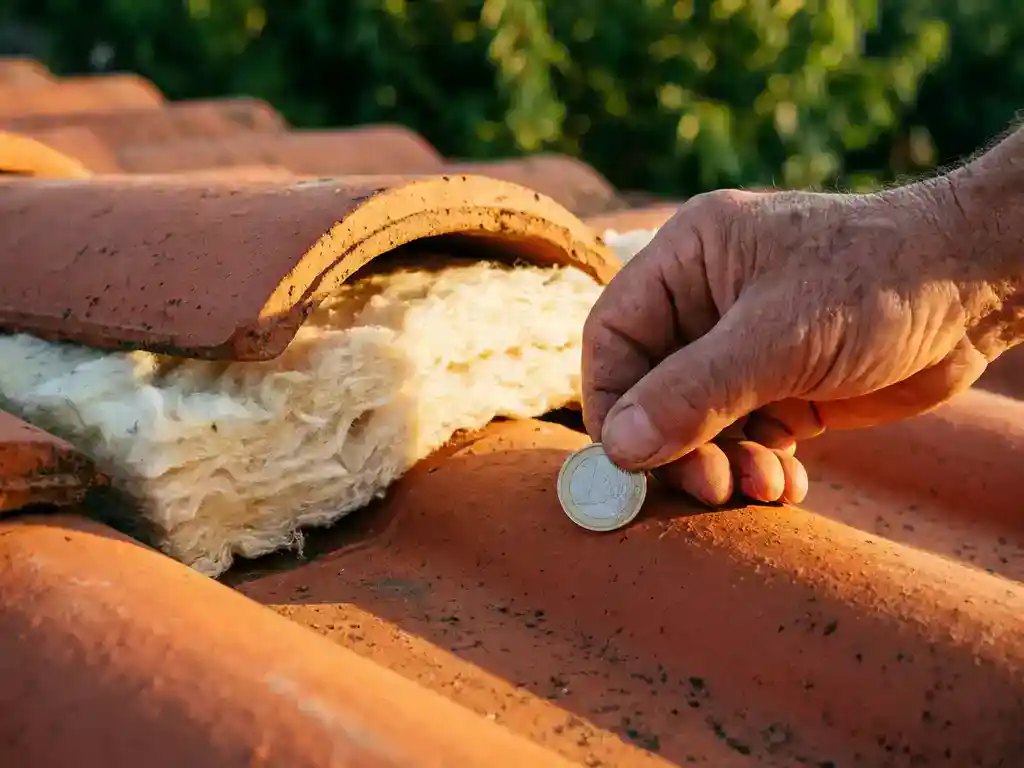Hand plaatst euromuntstuk op geïsoleerd terracotta dakpan met zichtbare isolatiebatts, warme middagzon, dakisolatie besparing.