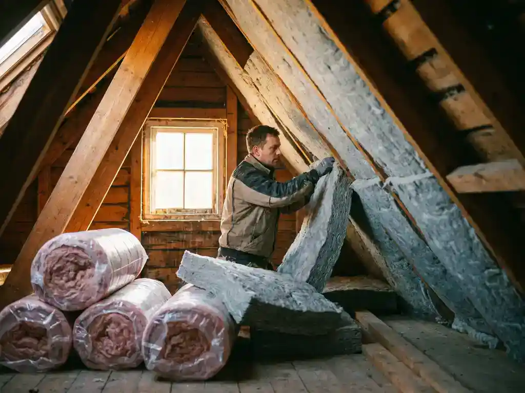 Installateur die dikke isolatiepanelen tegen een onafgewerkt dakbeschot drukt, met minerale wol en houten dakspanten zichtbaar op de achtergrond.