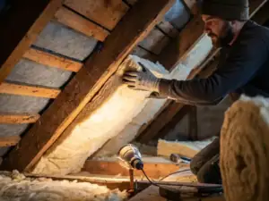 Installateur plaatst dikke isolatiepanelen tussen houten dakspanten van een hellend dak, verlicht door warme werklamp.