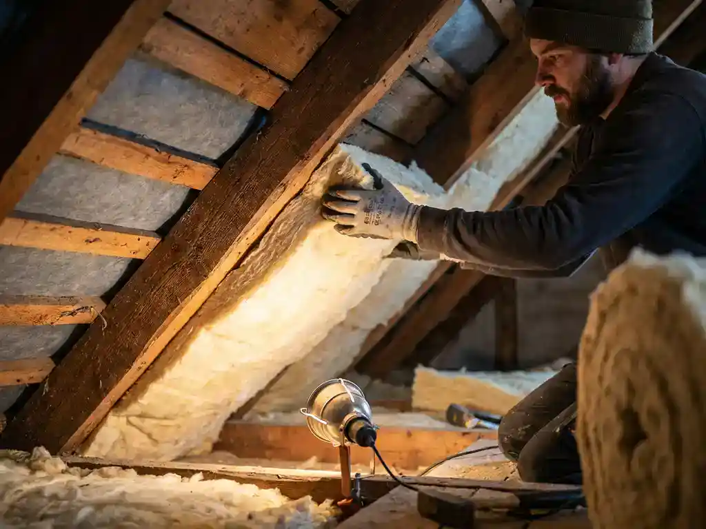 Installateur plaatst dikke isolatiepanelen tussen houten dakspanten van een hellend dak, verlicht door warme werklamp.