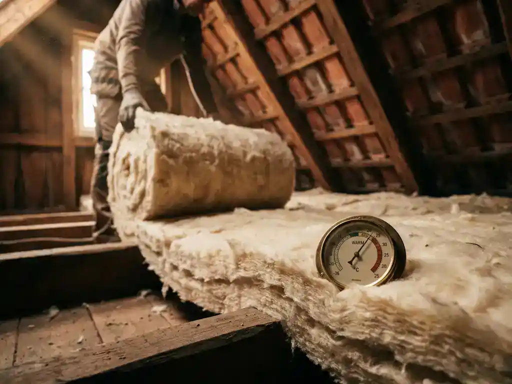Dakisolatie aangebracht onder houten dakspanten in Nederlandse zolderkap, thermometer toont stijgende warmte.