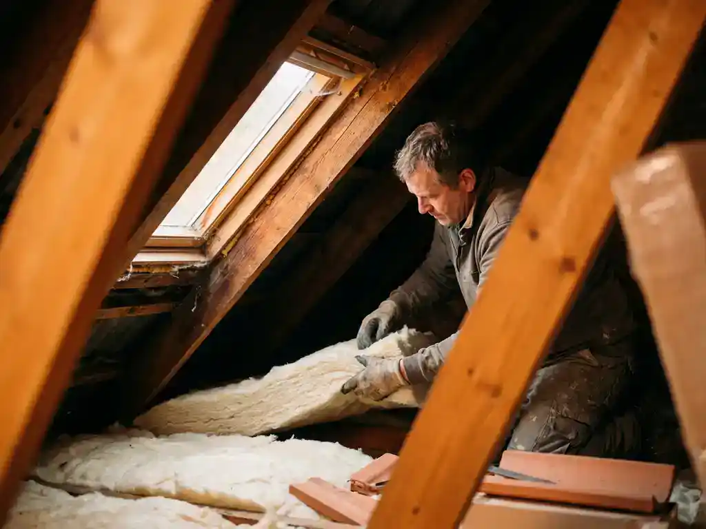 Dakwerker plaatst isolatiemateriaal tussen houten dakspanten van een steil schuin dak, warm natuurlijk licht door dakraam.