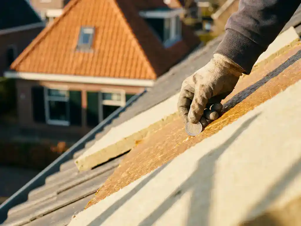 Hand die een euromunt plaatst op geïsoleerde dakpanelen, met een Nederlandse woning op de achtergrond in zachte focus.