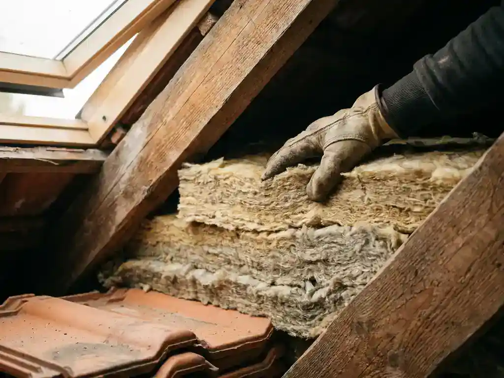 Dakwerker perst minerale wol in dakspouw tussen verweerde houten gordingen en terracotta dakpannen.