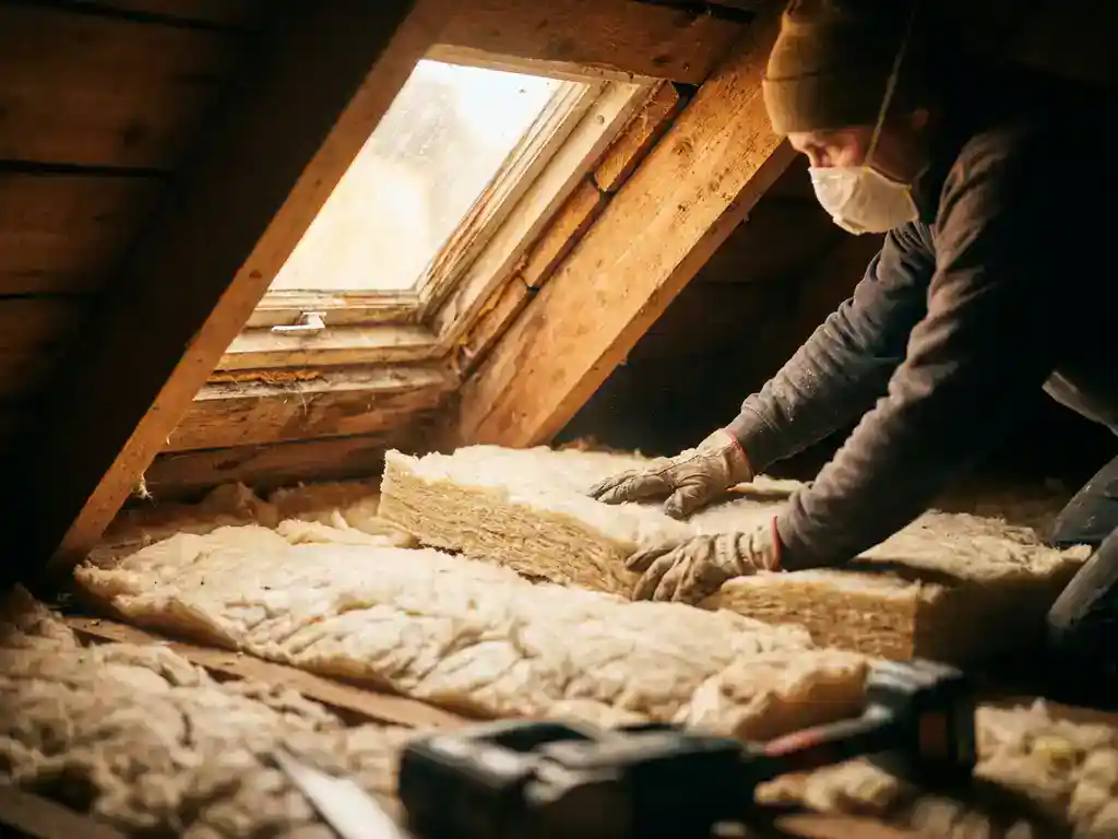 Vakman die mineraalwol isolatieplaten tussen houten dakspanten plaatst in een zoldervloer, warm amberkleurig licht.