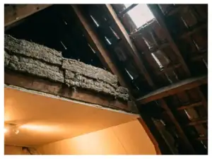 Dakisolatie met minerale wolbatts tussen houten dakspanten in Nederlandse zolderkap, warm binnenverlichting contrasteert met grijs daglicht.