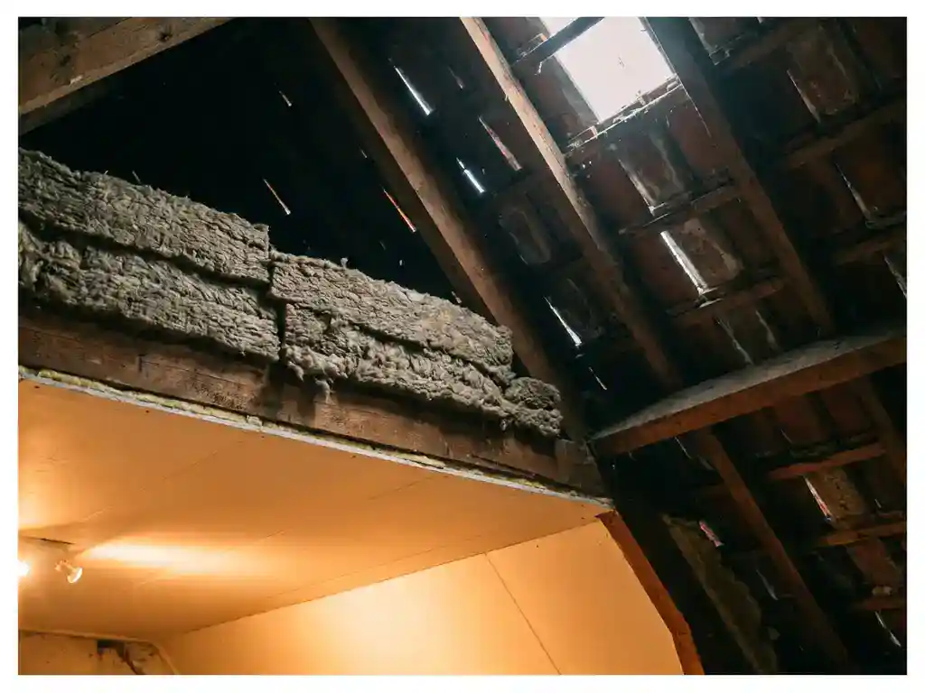 Dakisolatie met minerale wolbatts tussen houten dakspanten in Nederlandse zolderkap, warm binnenverlichting contrasteert met grijs daglicht.