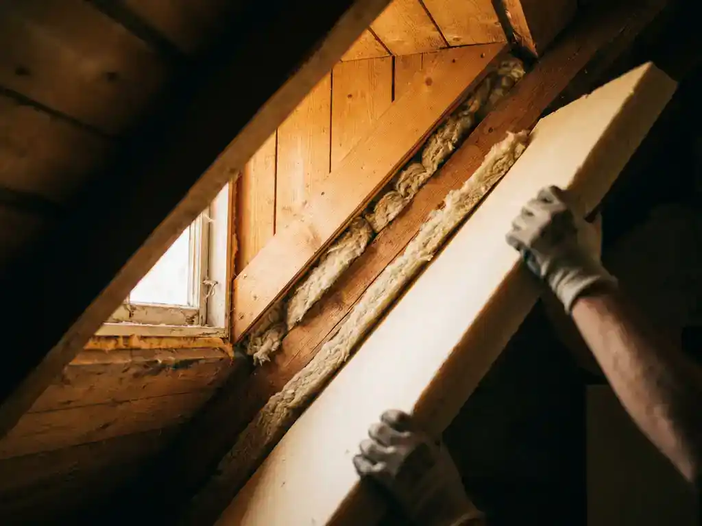 Stijve isolatieplaat tegen dakbeschot gedrukt, met minerale wol zichtbaar tussen houten gordingen in geventileerde dakconstructie.