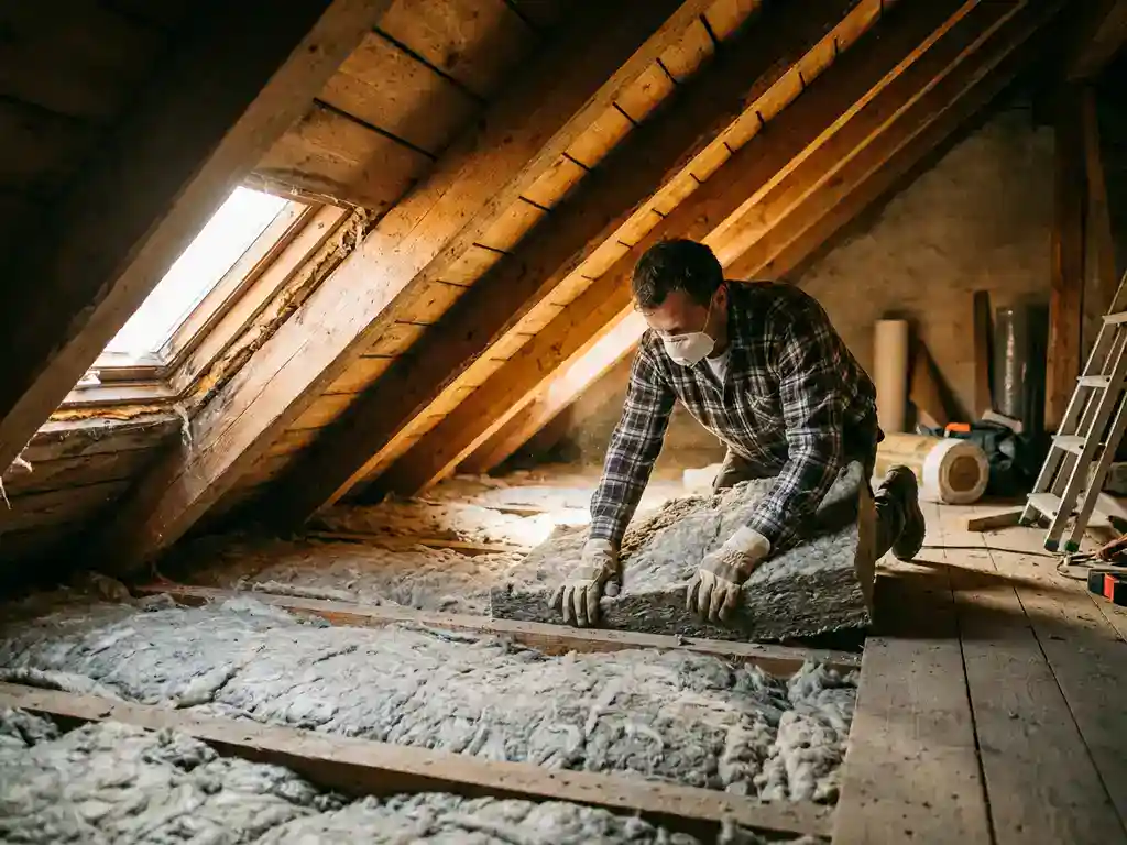 Vakman die minerale wol tussen houten dakspanten plaatst in een zoldervloer, warm middaglicht door dakraam.