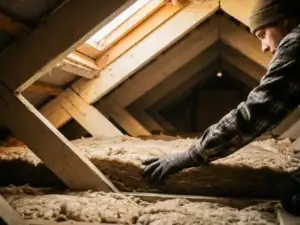 Isolatiemonteur die minerale wolbatts tussen houten dakspanten van een hellend dak plaatst, met warm licht vanuit een dakraam.