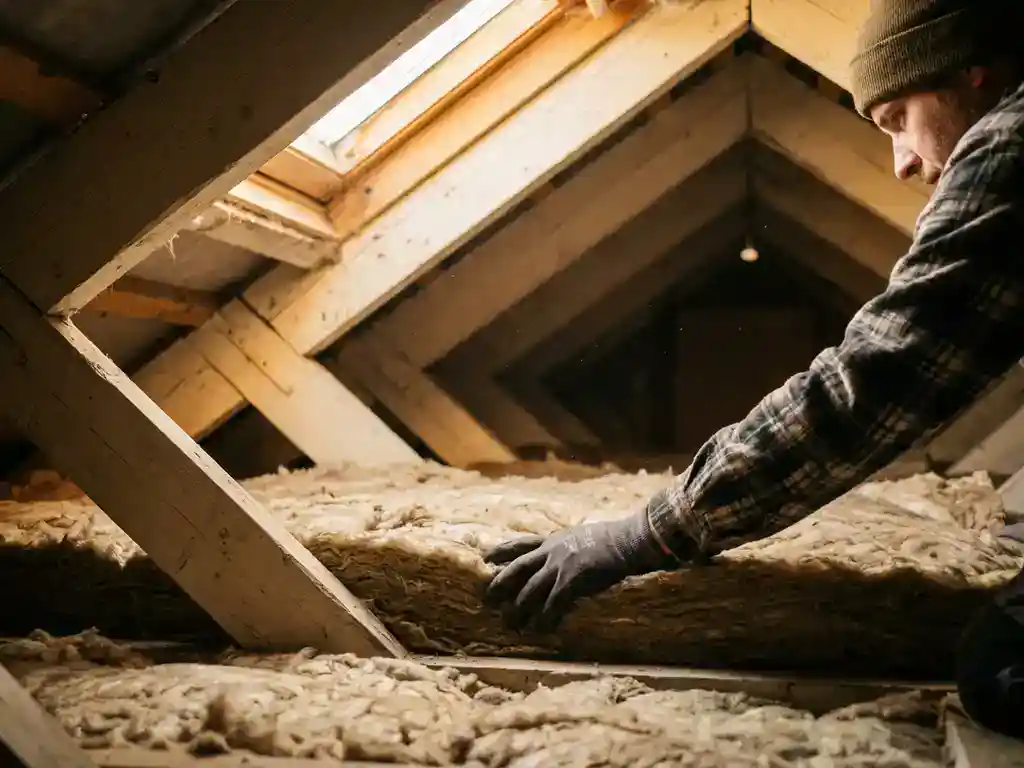 Isolatiemonteur die minerale wolbatts tussen houten dakspanten van een hellend dak plaatst, met warm licht vanuit een dakraam.