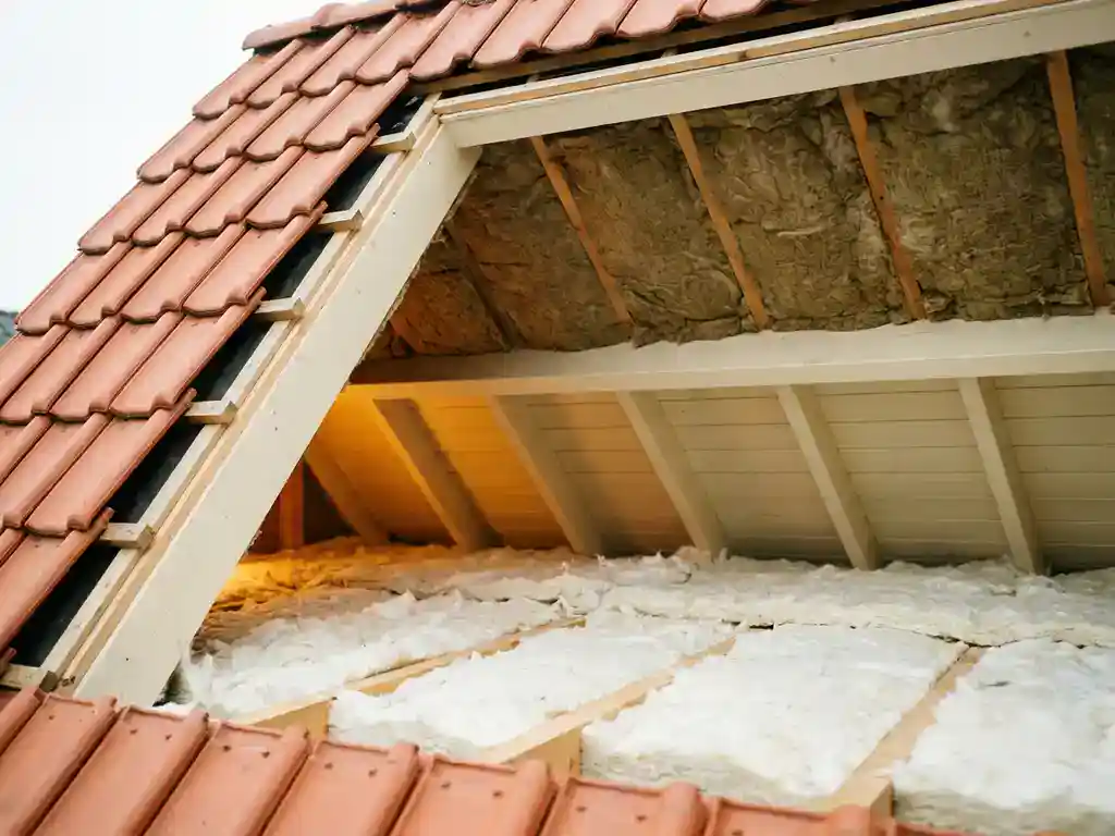 Dakdoorsnede van Nederlandse woning met mineraalwol tussen dakspanten en isolatiedeken op zoldervloer, terracotta dakpannen zichtbaar.