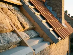 Doorsnede van een Nederlands schuin dak met mineraalwol isolatie aan één kant en ventilerende luchtspouw aan de andere, terracotta dakpannen zichtbaar.