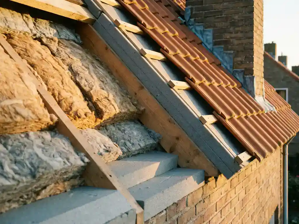 Doorsnede van een Nederlands schuin dak met mineraalwol isolatie aan één kant en ventilerende luchtspouw aan de andere, terracotta dakpannen zichtbaar.