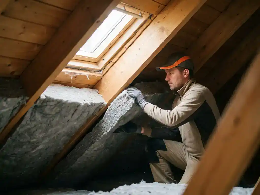 Dakisolatie monteur die minerale wolplaten tussen houten dakspanten van een schuin dak installeert, belicht door daglicht via dakraam.