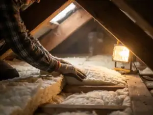 Installateur die minerale wol isolatie aanbrengt op de overgang van zoldervloer naar schuine dakwand, omgeven door houten dakbalken.