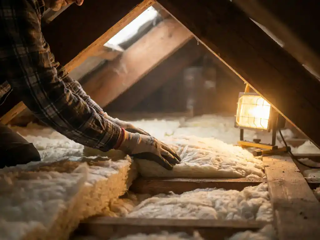 Installateur die minerale wol isolatie aanbrengt op de overgang van zoldervloer naar schuine dakwand, omgeven door houten dakbalken.