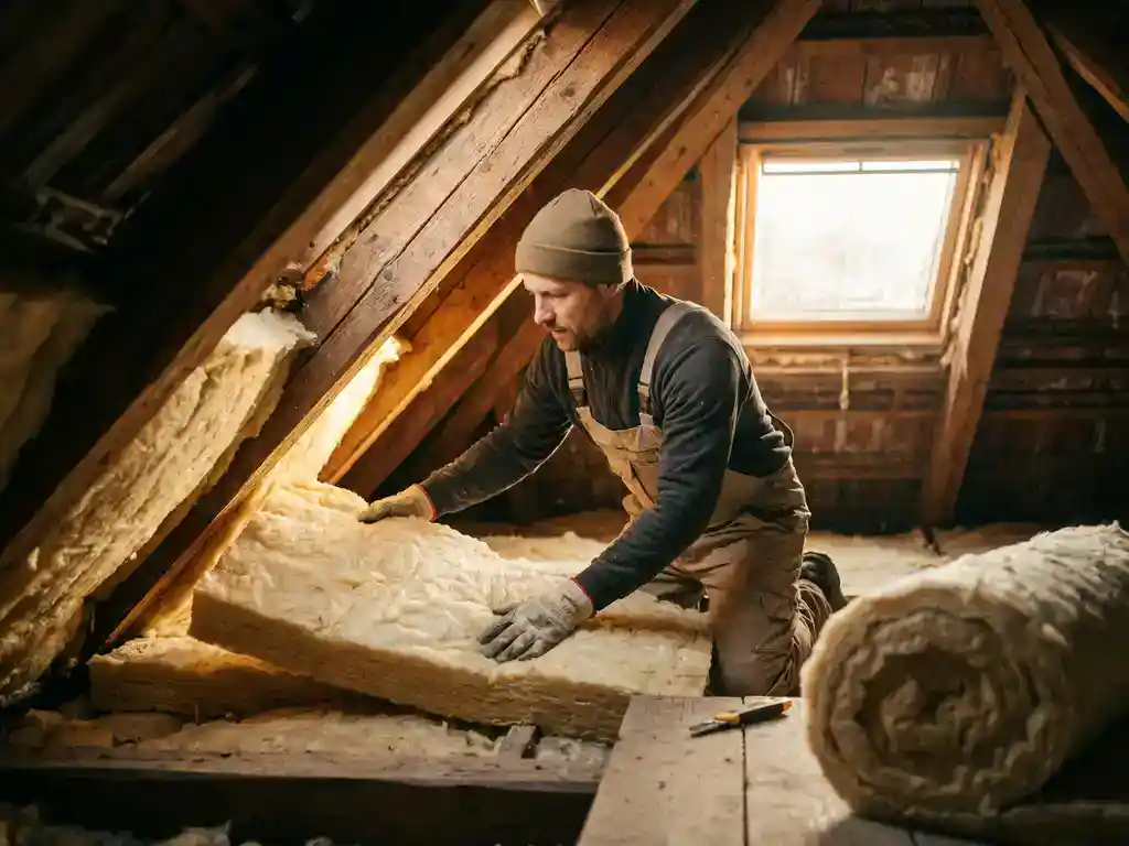 Dakisolateur plaatst minerale wol tussen houten dakspanten in verwarmde zolderruimte met natuurlijk licht.