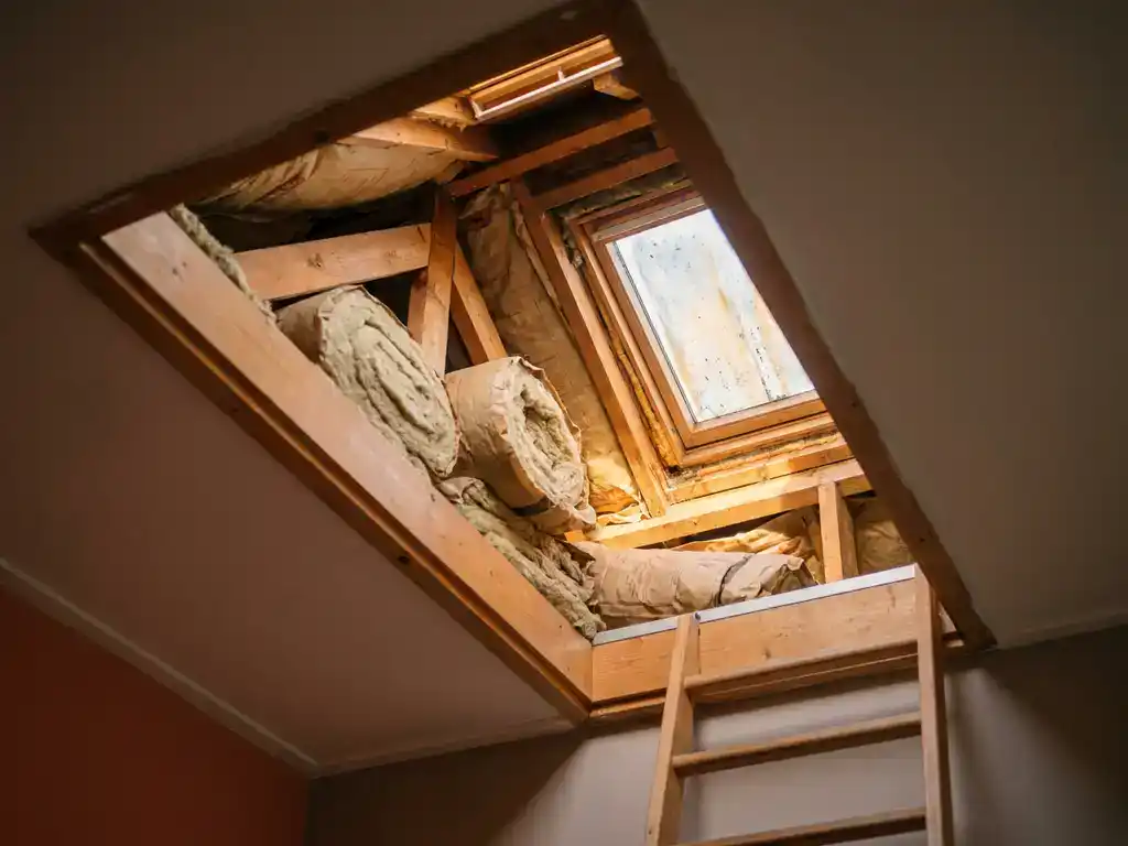 Dakruimte van Nederlandse jaren 2000-woning met minerale wol isolatierollers op houten balken, zichtbaar via open vlizotrap.