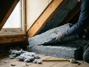 Aannemer die mineraalwol isolatierollen tussen houten dakspanten in een onafgewerkte zoldervloer drukt, met zacht daglicht vanuit een dakraam.