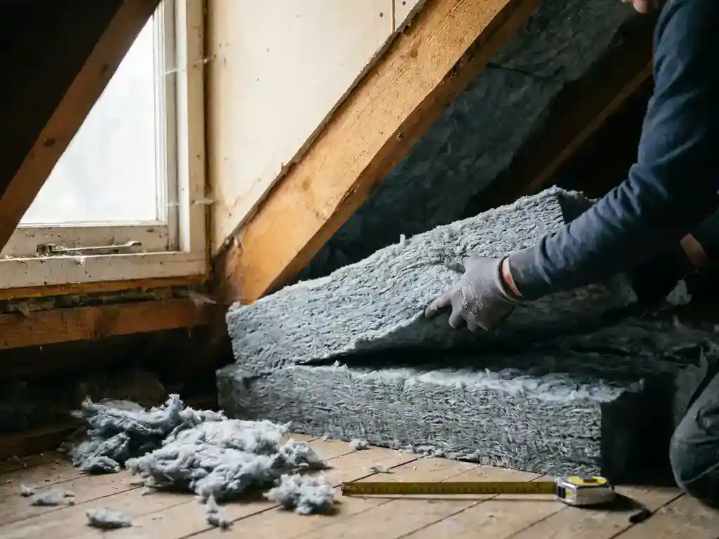 Aannemer die mineraalwol isolatierollen tussen houten dakspanten in een onafgewerkte zoldervloer drukt, met zacht daglicht vanuit een dakraam.
