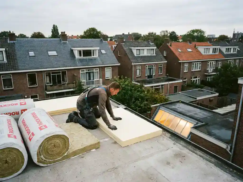 Dakspecialist die isolatieplaten aanbrengt op een plat betonnen dak, met minerale wolrollen en een Nederlandse woonwijk op de achtergrond.