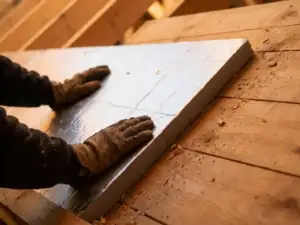 Dakdekker die een PIR-isolatieplaat met zilveren folie tegen houten dakbeschot drukt, met zaagsel op de achtergrond.