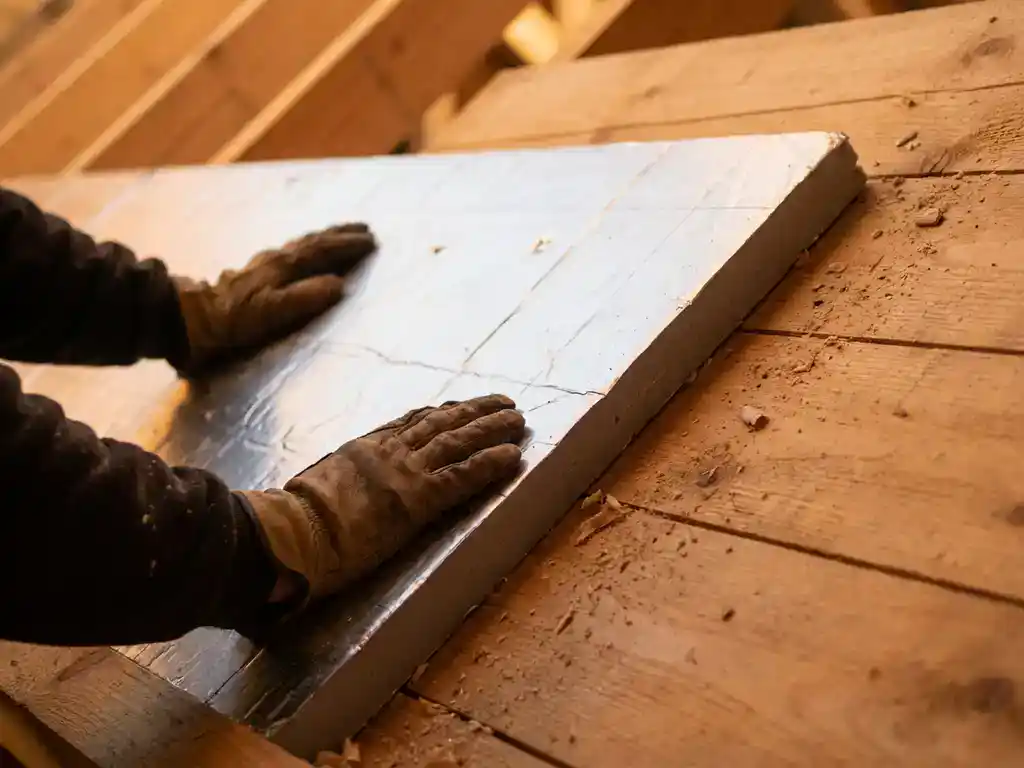 Dakdekker die een PIR-isolatieplaat met zilveren folie tegen houten dakbeschot drukt, met zaagsel op de achtergrond.