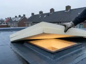 Installateur met handschoenen drukt dikke isolatieplaat op plat dak, Nederlandse woningen en bewolkte lucht op de achtergrond.