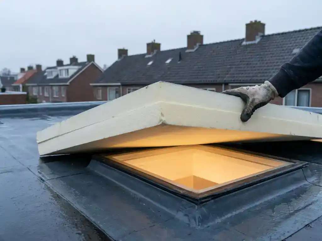 Installateur met handschoenen drukt dikke isolatieplaat op plat dak, Nederlandse woningen en bewolkte lucht op de achtergrond.