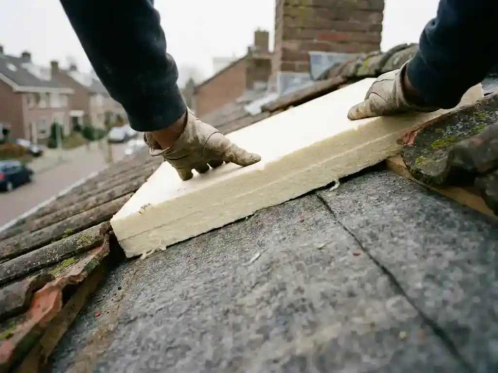 Dakdekker die isolatieplaat aanbrengt op verweerde dakbeschermingsfolie, met terracotta dakpannen zichtbaar aan de randen.
