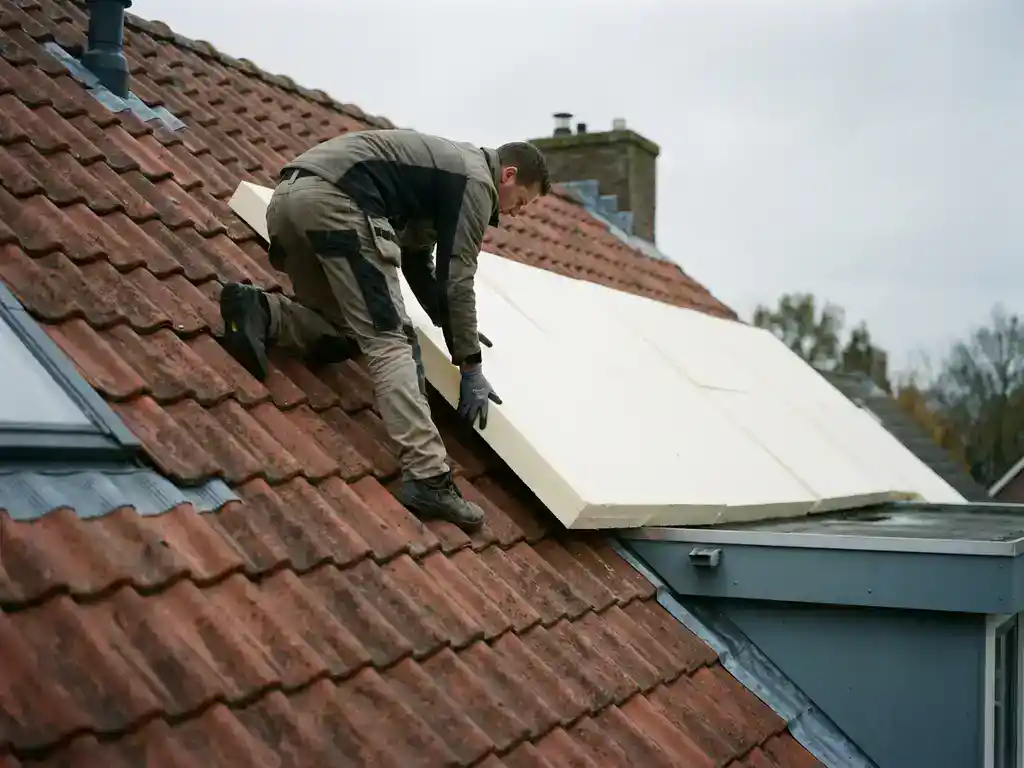 Dakisolateur die stijve isolatieplaten aanbrengt op een Nederlands woonhuis, cremewitte panelen naast verweerde terracotta dakpannen.