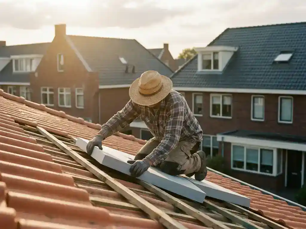 Huiseigenaar plaatst stijve isolatiepanelen tussen houten daklatten op een hellend pannendak in een Nederlandse buitenwijk.