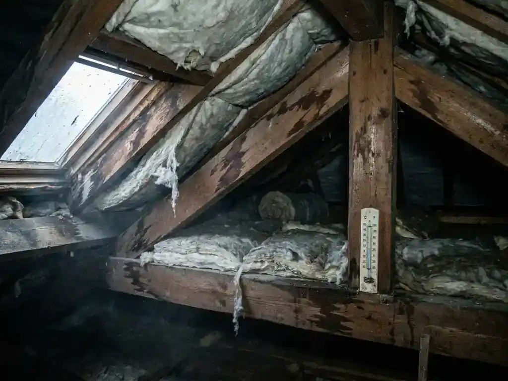 Slecht geïsoleerde zolder met vochtplekken op houten balken, verschoven isolatierollen en thermometer tegen vochtig hout.