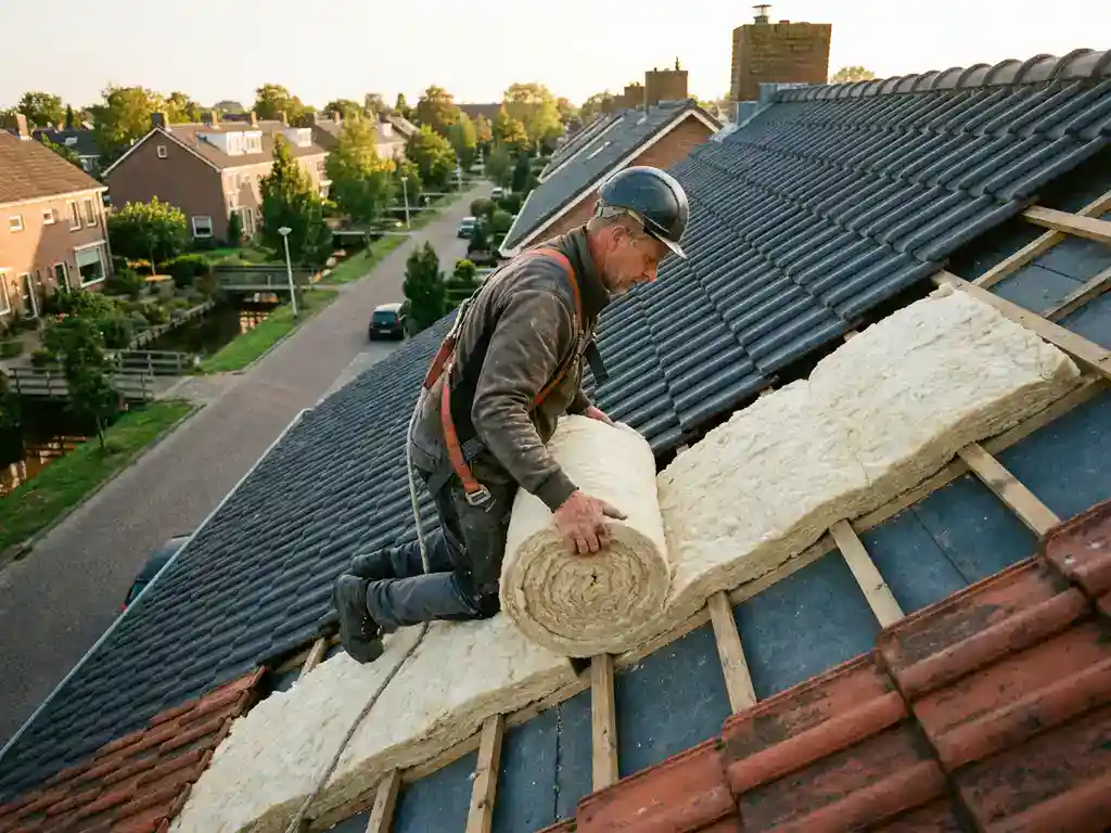 Dakwerker rolt isolatiemateriaal uit op hellend pannendak in Nederlandse woonwijk, warme middagzon.