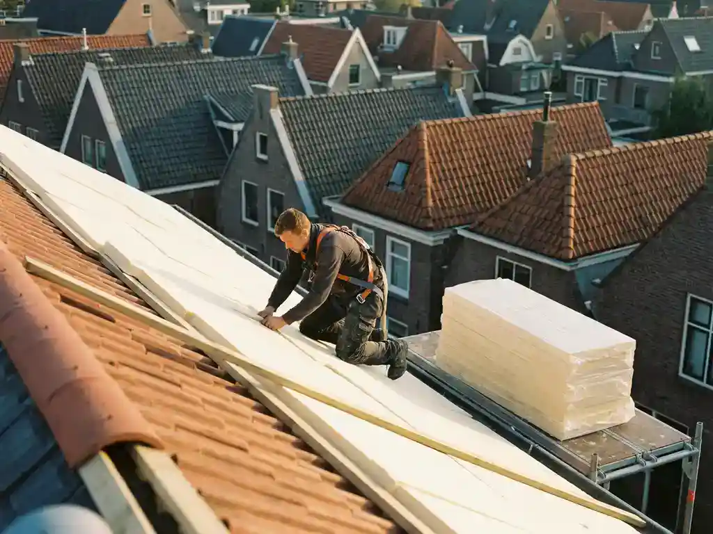 Dakdekker legt stijve isolatieplaten op hellend dak in Nederlandse woonwijk, extra isolatiepanelen gestapeld naast hem.