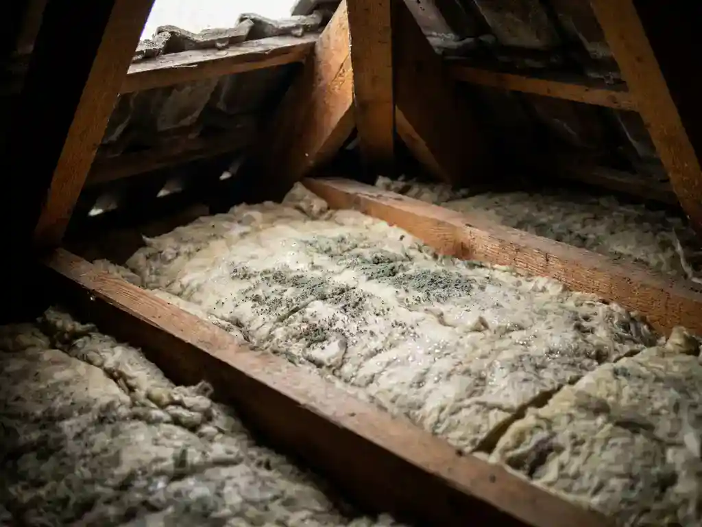 Schimmelsporen op minerale wol dakisolatie tussen houten dakspanten in Nederlandse woning, met zichtbare vochtdruppels.
