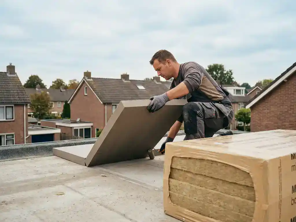 Dakspecialist legt dikke isolatieplaten op een plat betonnen dak, met minerale wolplaten en Nederlandse woonwijk op de achtergrond.