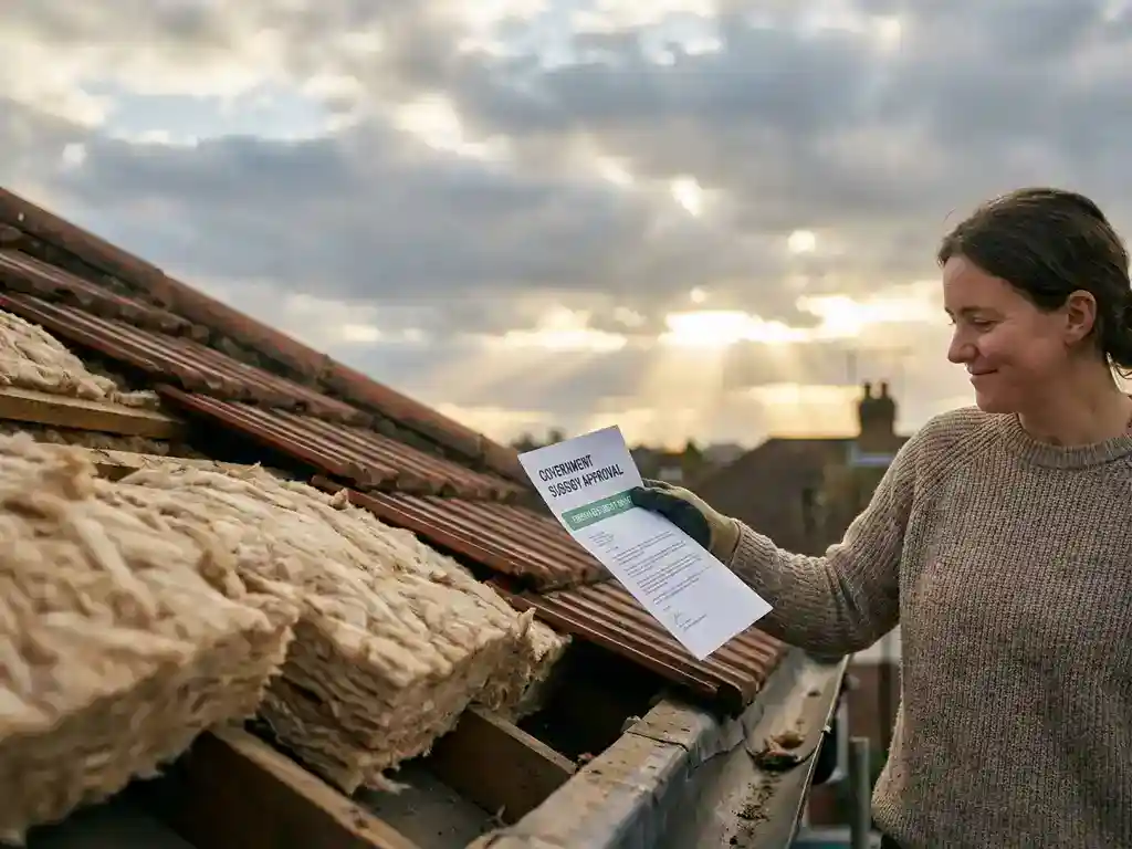 Huiseigenaar met subsidiedocument naast vers geïsoleerd dak met terracotta pannen en isolatiemateriaal in warm zonlicht.