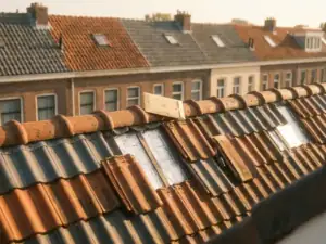 Dakisolatiepanelen zichtbaar onder opgetilde dakpannen van een Nederlandse rijtjeswoning, met een officiële envelop op de nok in middagzon.