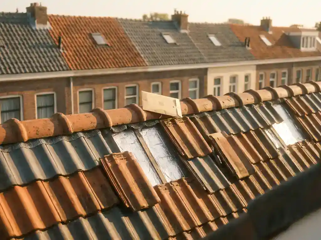 Dakisolatiepanelen zichtbaar onder opgetilde dakpannen van een Nederlandse rijtjeswoning, met een officiële envelop op de nok in middagzon.