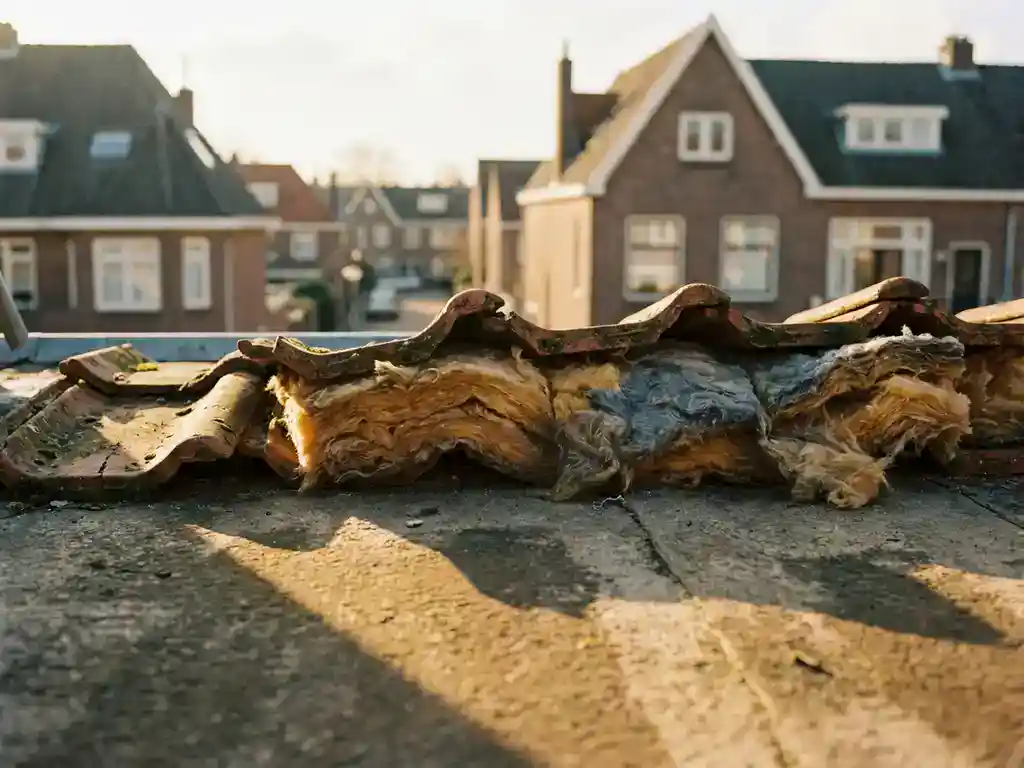 Dakisolatie zichtbaar onder opgetilde terracotta dakpannen van een Nederlandse woning, met warme amberkleurige schaduwen in het middaglicht.