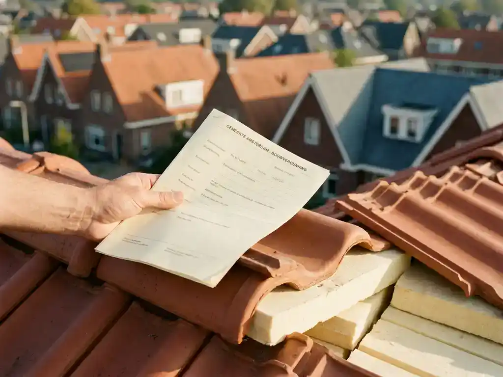 Huiseigenaar houdt bouwvergunning vast op terracotta dak met zichtbare isolatiepanelen onder opgetilde dakpannen, Nederlandse wijk op achtergrond.
