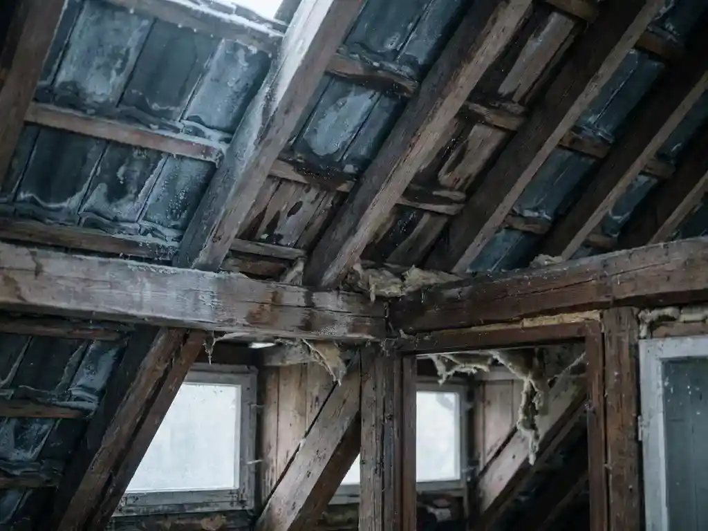 Vochtschade en condensatie op de onderkant van dakpannen in een ongeïsoleerde Nederlandse zolder met zichtbare isolatiegaten tussen houten dakspanten.