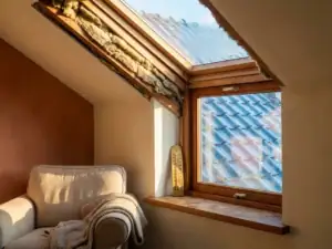 Gezellige Nederlandse woonkamer met warme goudtinten, goed geïsoleerd dak zichtbaar in doorsnede, rijp op dakpannen buiten.