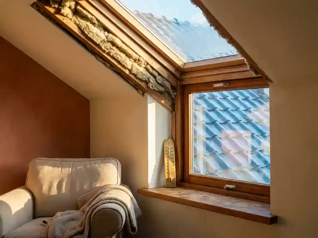 Gezellige Nederlandse woonkamer met warme goudtinten, goed geïsoleerd dak zichtbaar in doorsnede, rijp op dakpannen buiten.