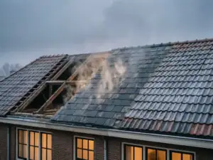 Nederlands woonhuis met ongeïsoleerd dak in winter, warmteverlies zichtbaar boven dakpannen met rijppatronen en houten dakspanten zonder isolatie.
