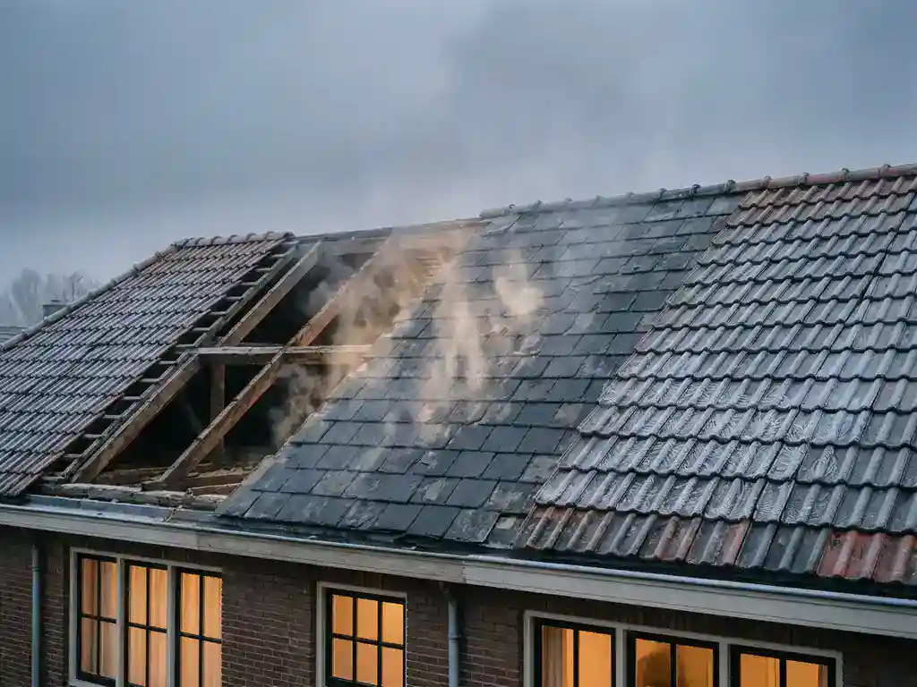 Nederlands woonhuis met ongeïsoleerd dak in winter, warmteverlies zichtbaar boven dakpannen met rijppatronen en houten dakspanten zonder isolatie.